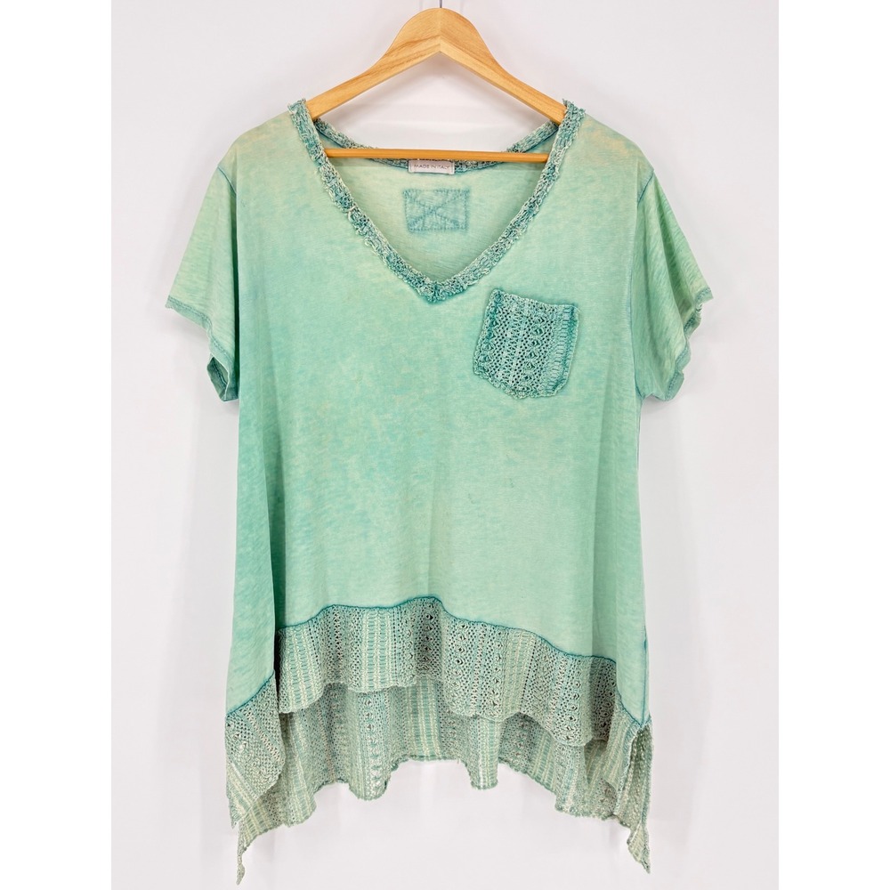 Made in Italy‎ Mint Green Acid Wash Crochet Lace Trim High Low Pocket Tee Large